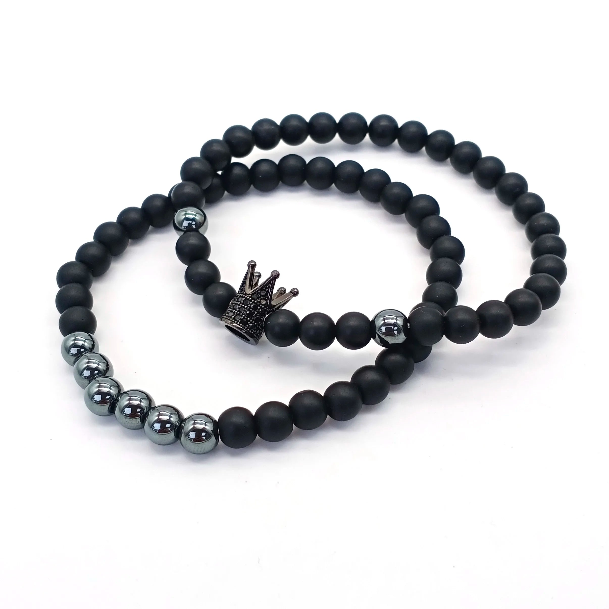 Wholesale Matte Agate Natural Stone Hematite Beaded Stretch Bracelet for Men CZ Pave Zircon Crown Charms for Gifts and Parties