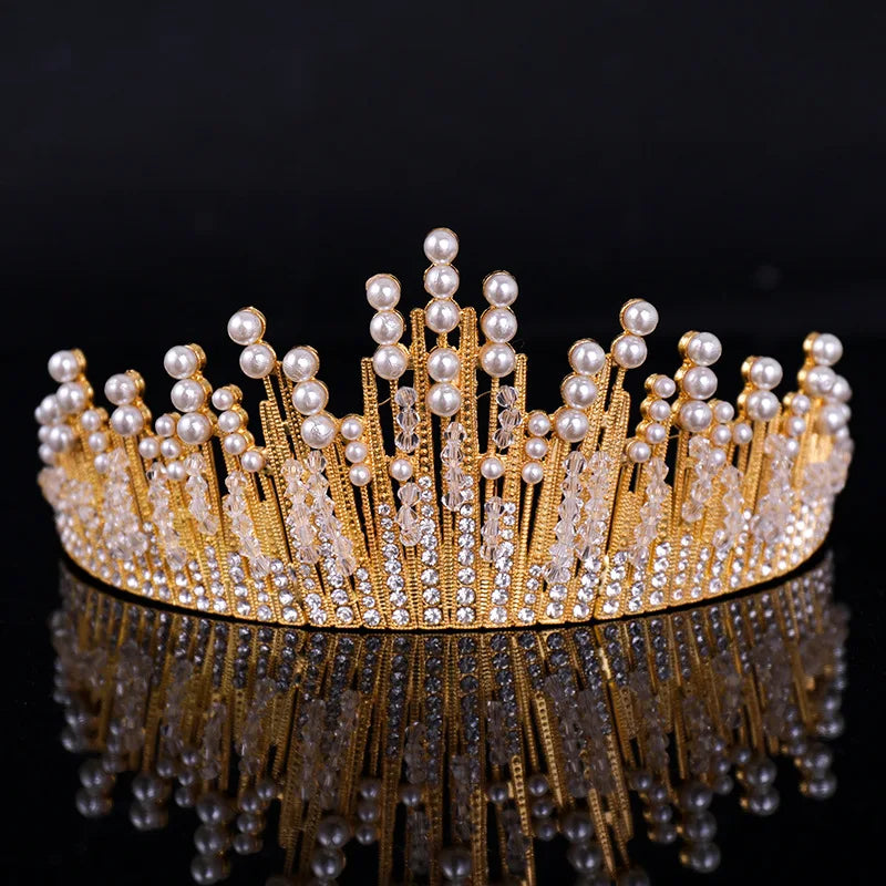 Korean Full Sparkling Crystals Pearls Bridal Wedding Crown Headdress Girl Princess Crown Rhinestone Alloy Tiaras