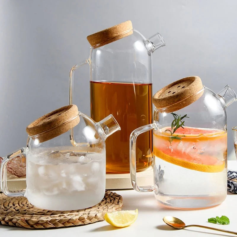 New Design Modern Glass Carafe With Corkwood Lid Water Pitcher Borosilicate Glass Water Jug Carafe
