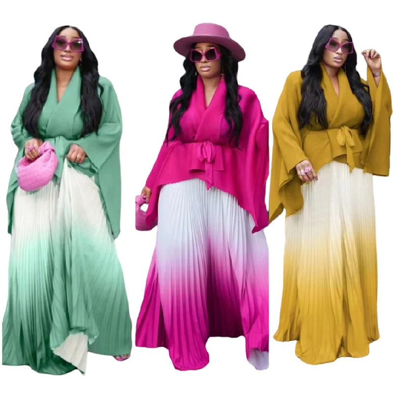 Y1011 Trendy Miyaki Set Elegant Bat Sleeve Top and Gradient Skirt Set Two Piece Set Women Clothing Fall Outfits for Women