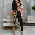 2024 New Women's Wear New Casual Set Colored Print Long Sleeve V-neck Collar Shirt Casual Pants Two Piece Set