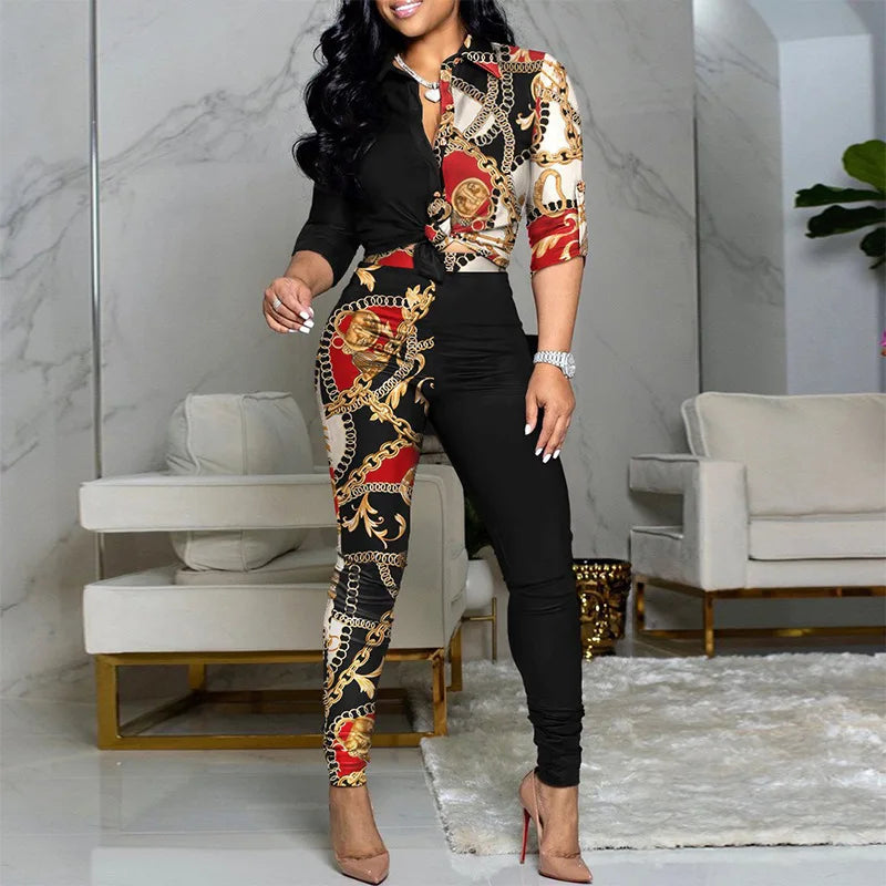 2024 New Women's Wear New Casual Set Colored Print Long Sleeve V-neck Collar Shirt Casual Pants Two Piece Set
