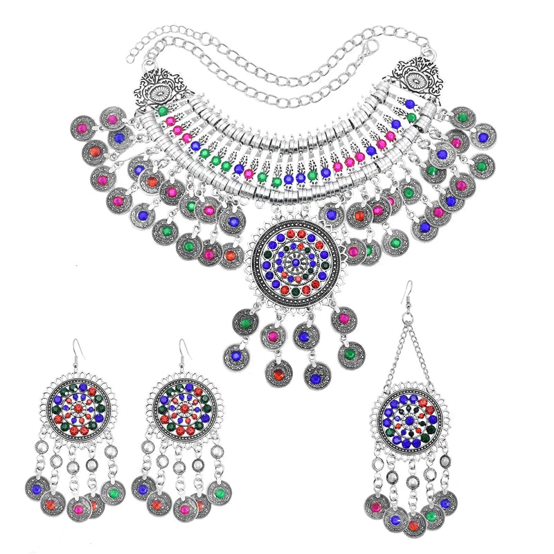 Fashion Bohemian Ethnic Style Coin Headband Necklace Earrings Rhinestone Color Random Indian Jewelry Set