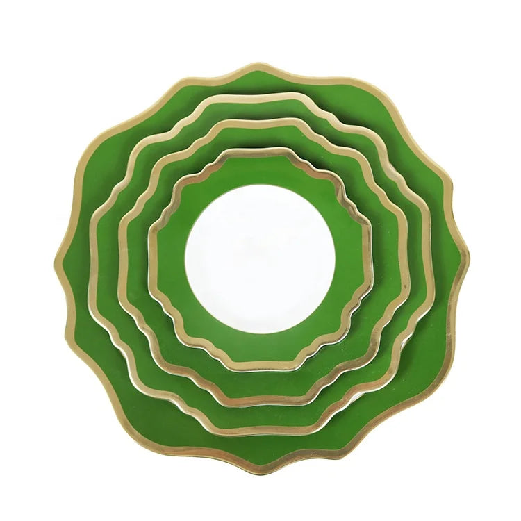 Green Gold Rim Bone China Dinner Charger Plates Sunflower Themed Eco-Friendly Ceramic Dinnerware Set for Weddings Color Enamel