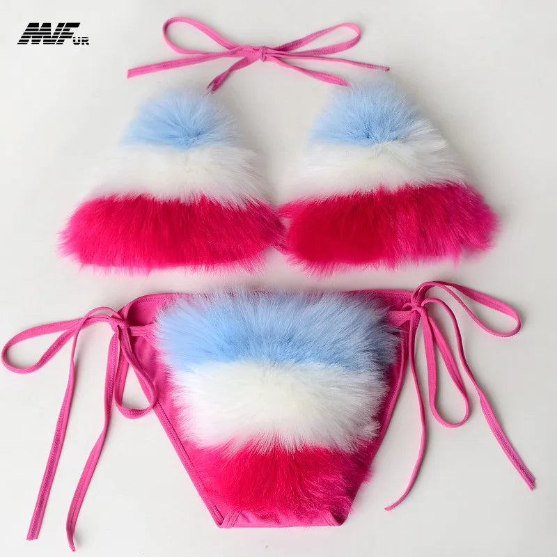 Women Sexy Girls Genuine Fox Fur Underwear Natural Fur Bikini Women Swim Suit Genuine Fluffy Real Fox Fur Bikini Set