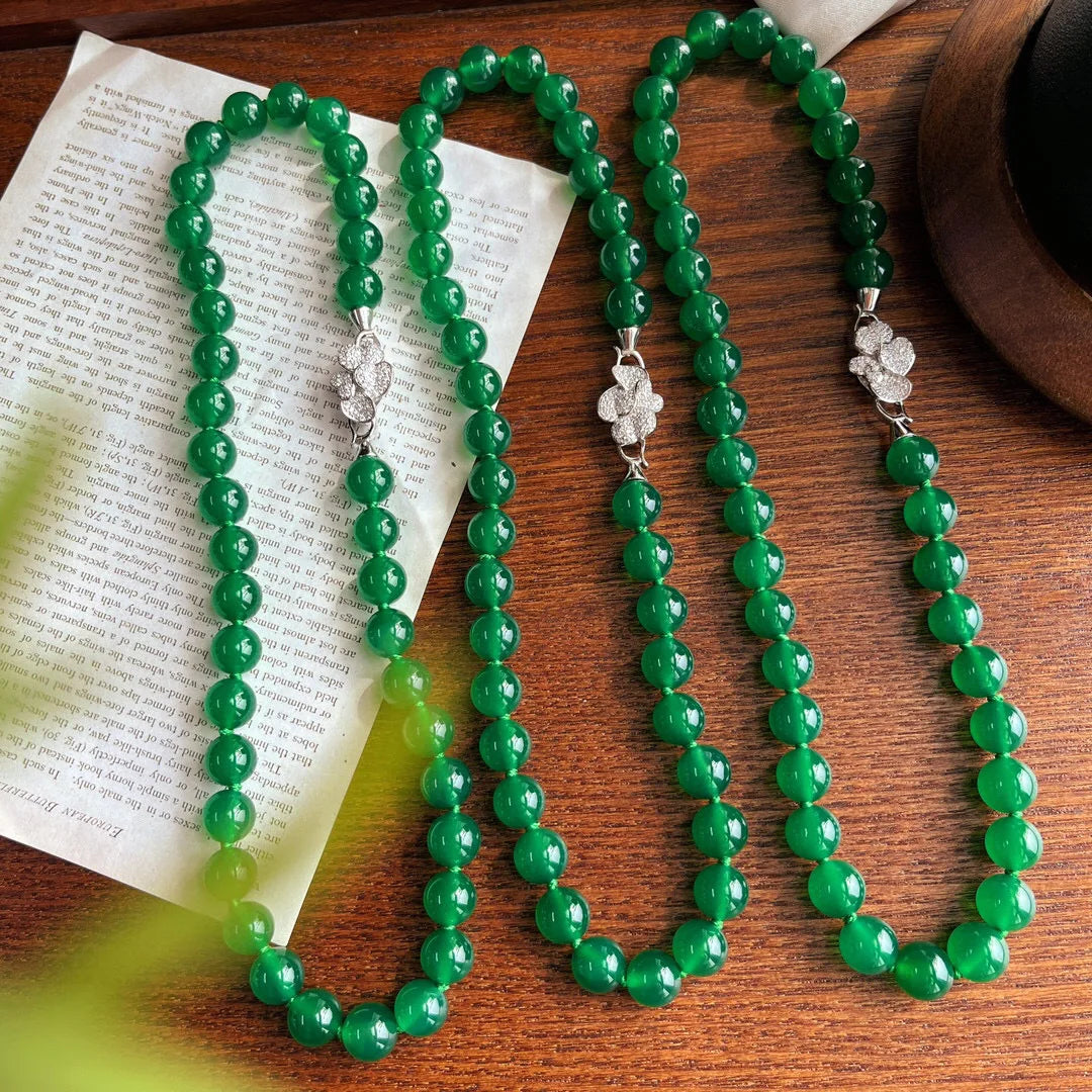 Vintage Full Diamond S925 Silver 18K Gold Plated Flowers Clasp Natural Green Chrysoprase Beaded Necklace Jewellery Factory