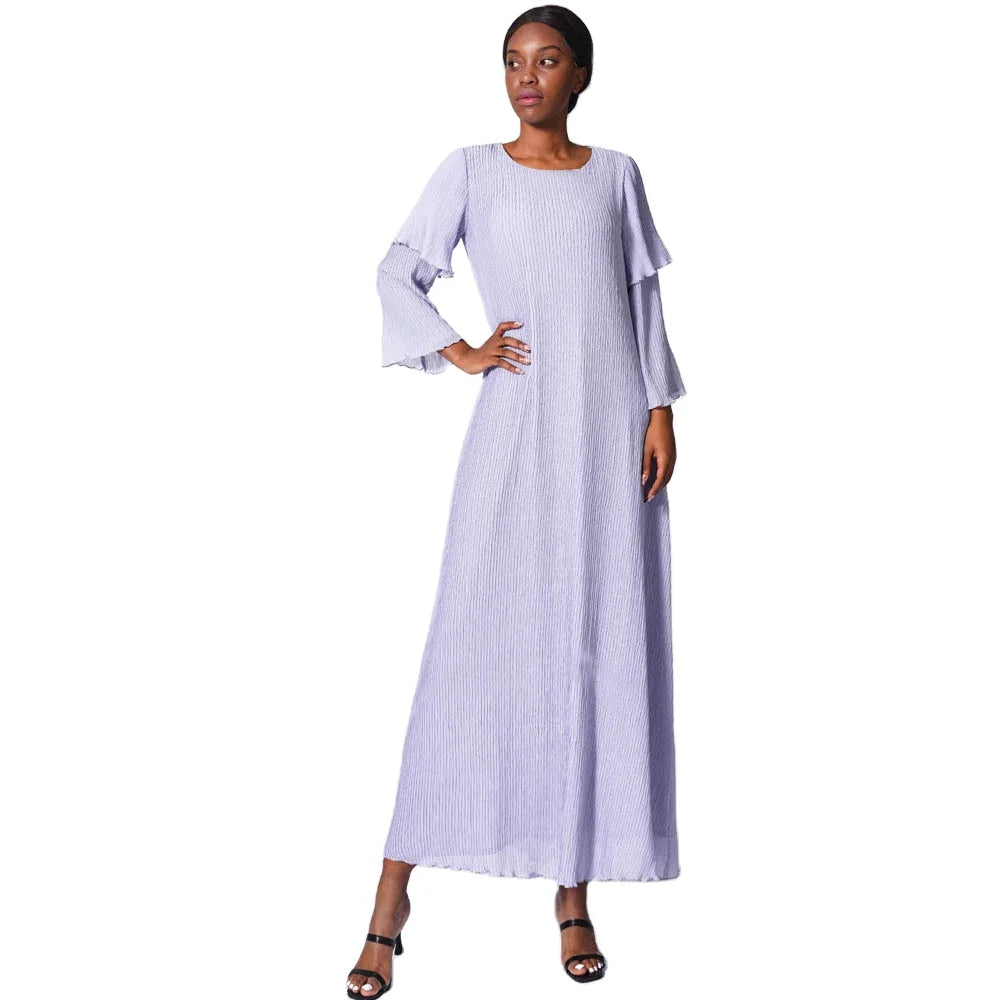 Pure Color Crumple Chiffon Double Layer Cuff Islam Women Eid Office Outing Wear Floor Length Muslim Dress Newest Abaya