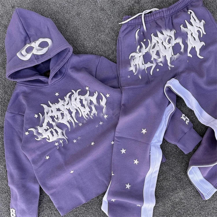Custom Logo Cotton Tracksuit Jogger Sweatpants and Hoodie Set Men Raw Hem Hoodie Flare Pants Hoodie Set