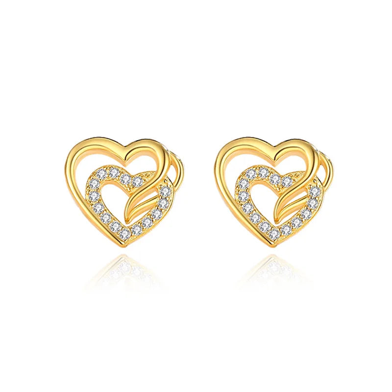 Gold Plated Two Heart Zircon 925 Sterling Silver Stud Earrings for Women
