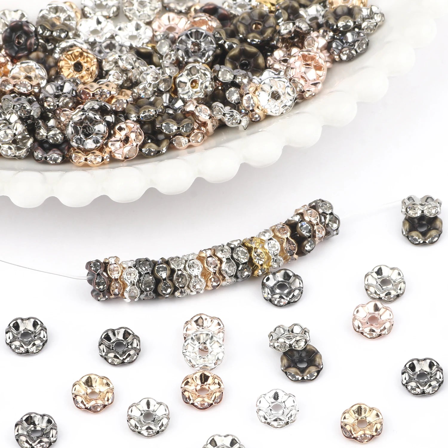 50pcs/Bag 4/6/8/10mm Gold/Silver/Black Crystal Rhinestone Metal Rondelle Spacer Beads Jewelry Findings Components for Jewelry