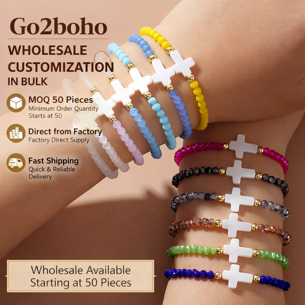 Go2boho Crystal Beaded Bracelets Healing Luck Shell Cross Boho Elastic Stretch Handmade Jewelry for Women Men Fashion Gifts