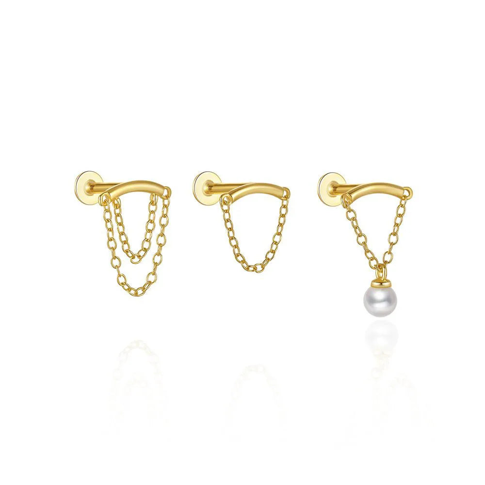 High Quality S925 Sterling Silver Pearl Pendant Tassel Earring Double Chain Piercing Bone Stud Earrings Jewelry