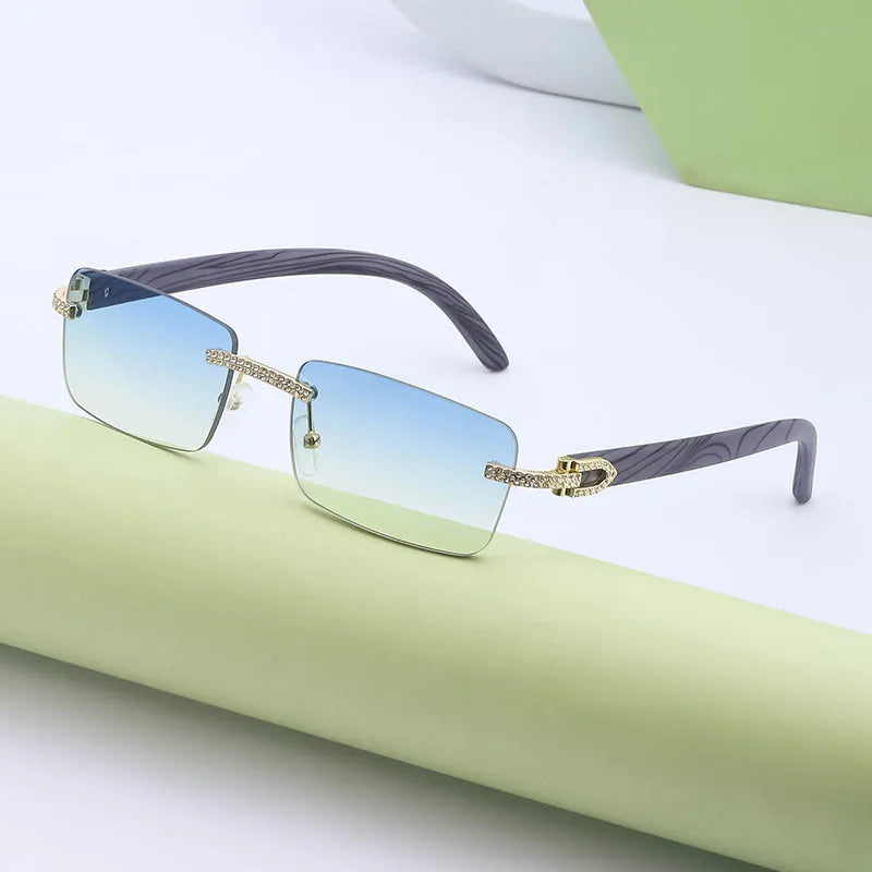 Women's High-End Frameless Sunglasses Wood Grain Diamond Square Design Men's Trendy Fashion Shades Gold PC Frame Acrylic Lenses