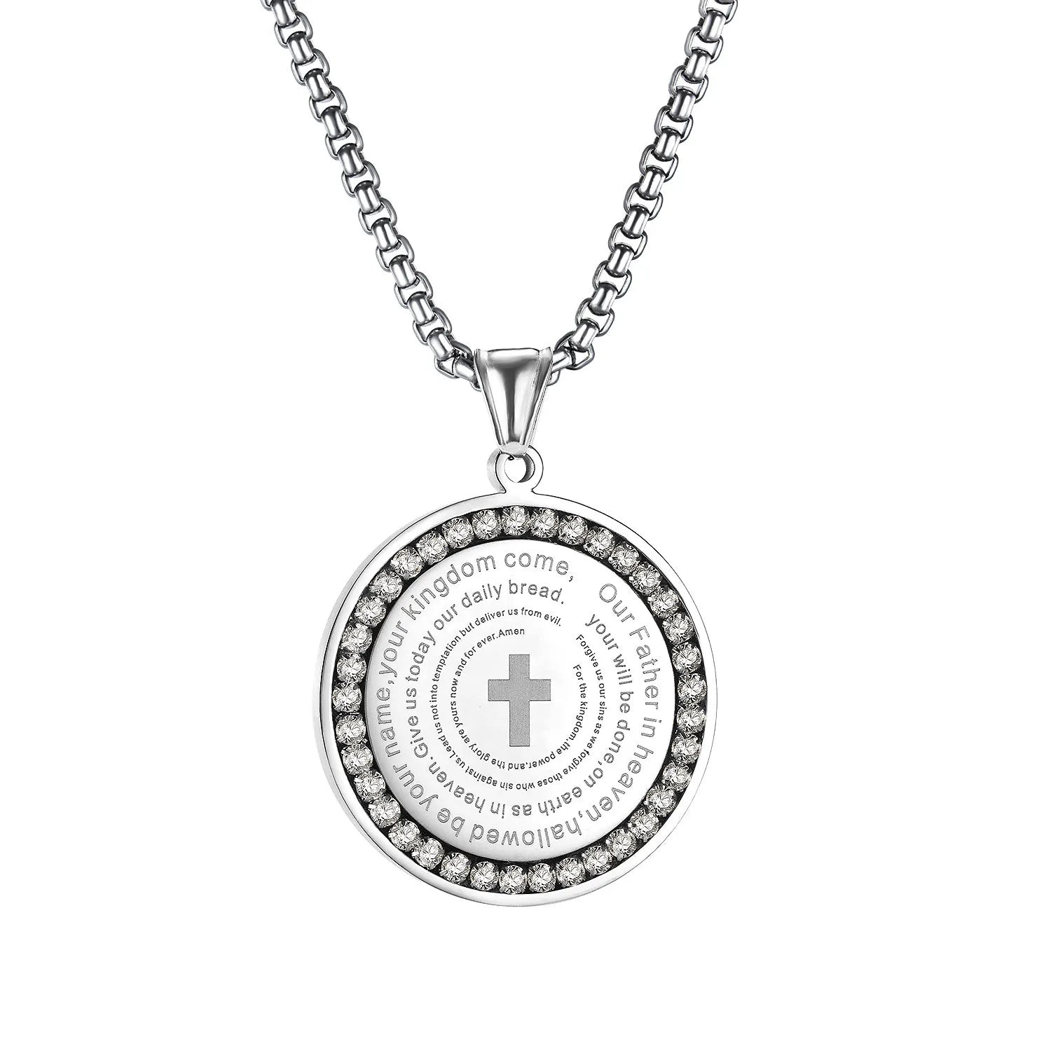 Trendy Micro Pave Zircon Round Medal Cross Pendant Necklace Luxury Gold Silver Color Religious Stainless Steel Necklace