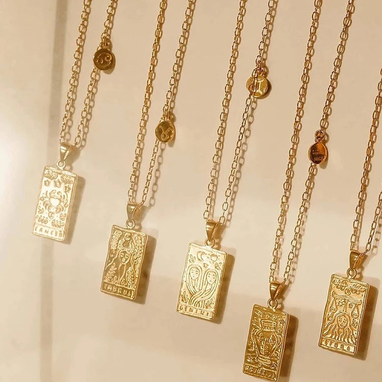 G233 Personalized Astrology square 12 Zodiac Tarot Card Deck Jewelry Custom Gold Zodiac Sign Pendant Necklace