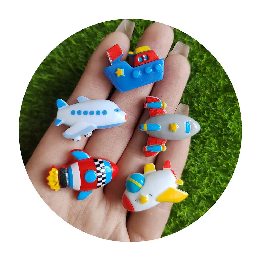 100Pcs/Lot Mixed Cartoon Mini Transportation Tools Plane Rocket Ocean Liner Flatback Resin Cabochon for Holiday Party Decoration