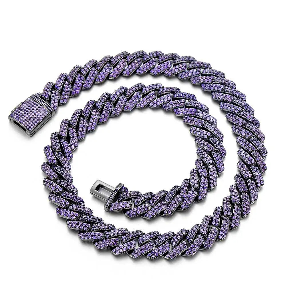 New Style 15mm Miami Cuban Link Chain Two Row Purple Zircon Hip Hop Iced Out Prong Cuban Link Necklace