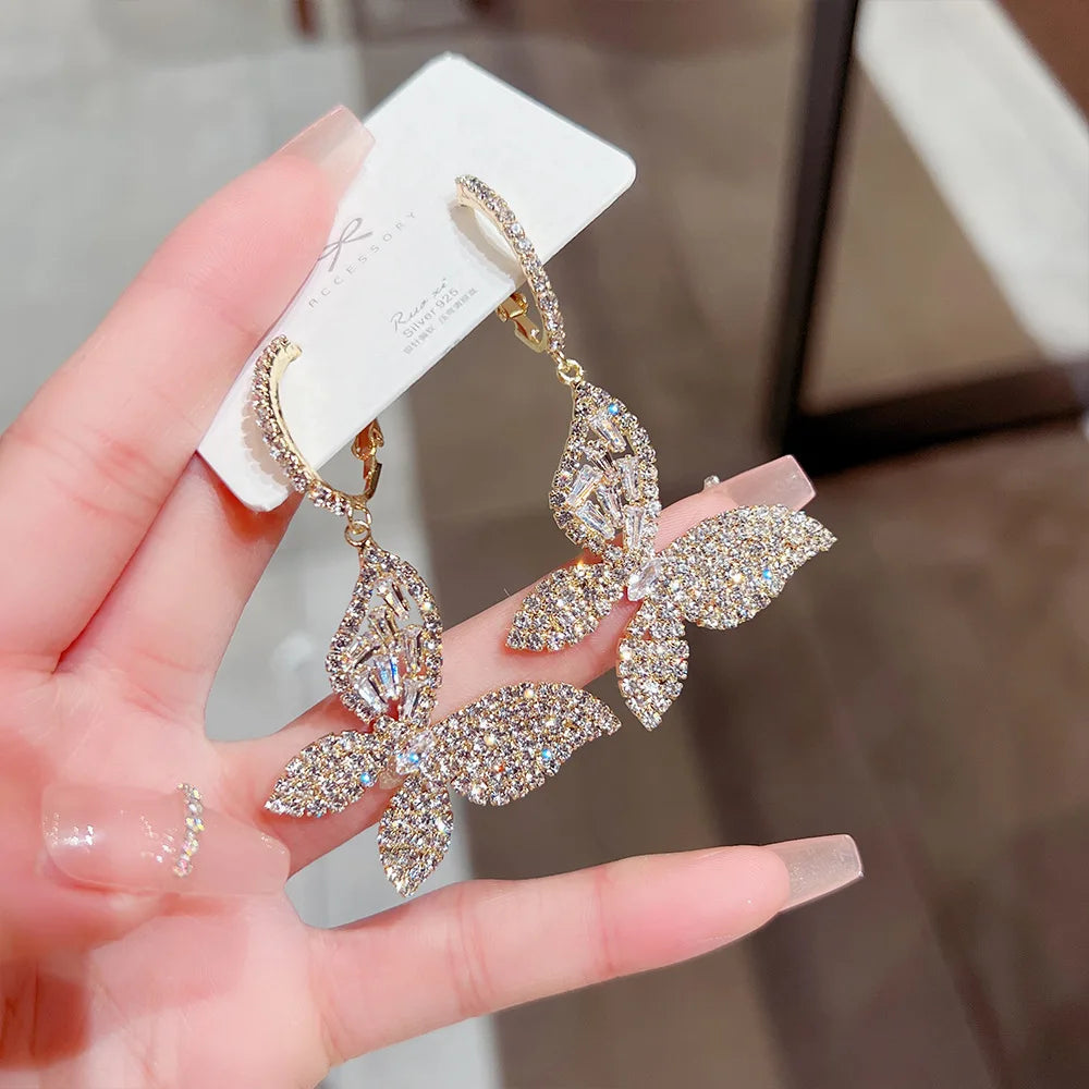 Spring Winter Exquisite Crystal Earrings Bling Rhinestone Hollow Out Butterfly Earrings Exaggerated Zircon Hoop Earrings
