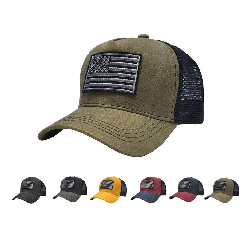 Fashion Curved Brim 2 Two-tone 5 Panel Mesh Trucker Hats Custom American Flag Embroidery Logo Blank Cotton Baseball Caps