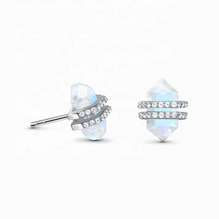 S004 Hexagonal 925 Sterling Silver Natural Moonstone Earring Studs
