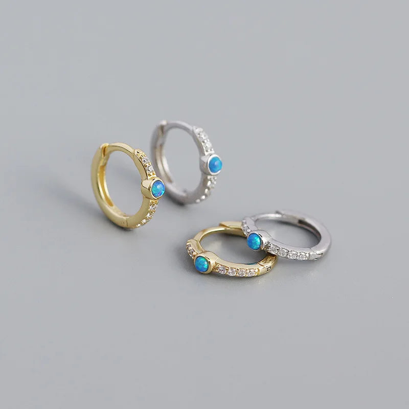 INS Drop Shipping 925 Sterling Silver Trendy Jewelry  Beautiful Round Shape with Blue Opal Hoop Earring for Women