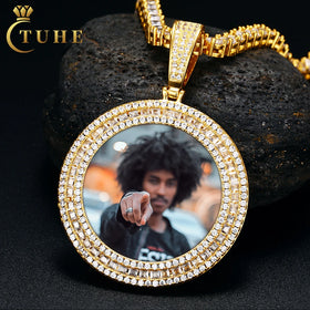 Factory Price 42mm Gold Plated Brass 3 Rows CZ Diamond Iced Out Circle Custom Photo Pendant Picture Necklace for Men Women