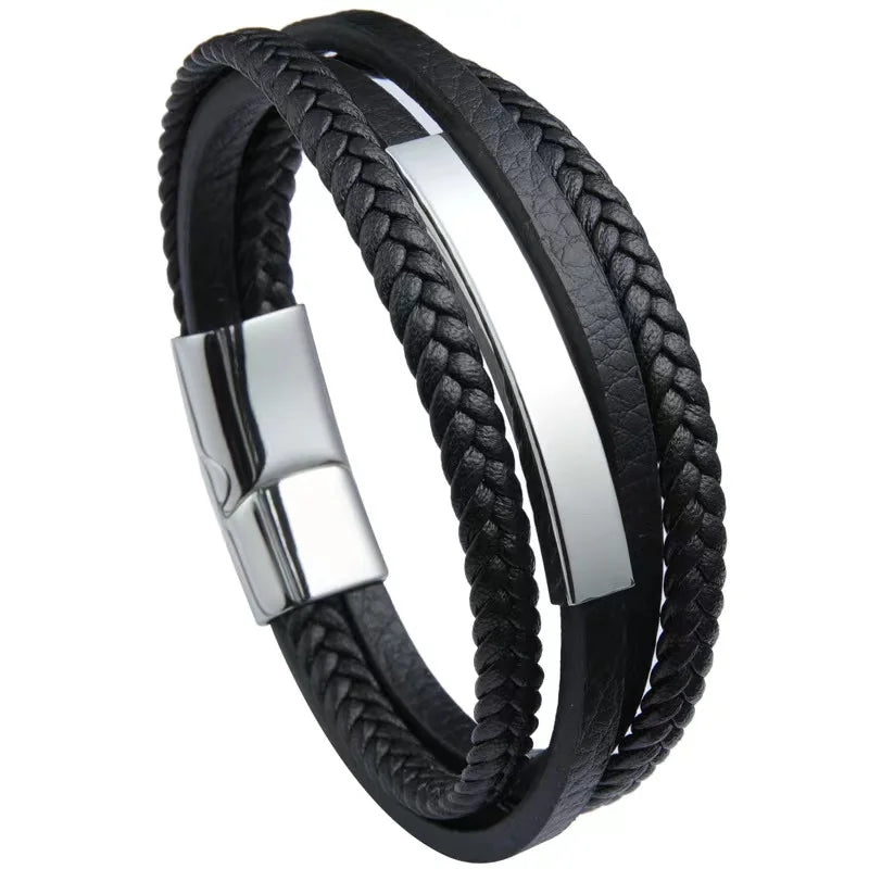 Trendy Minimalist Stainless Steel Leather Bracelet with Charm Men's Braided Leather Bracelet