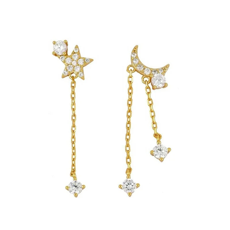 Milskye S925 Silver 18k Gold Plated Moon Star Chain Link Dangling Stud Earrings