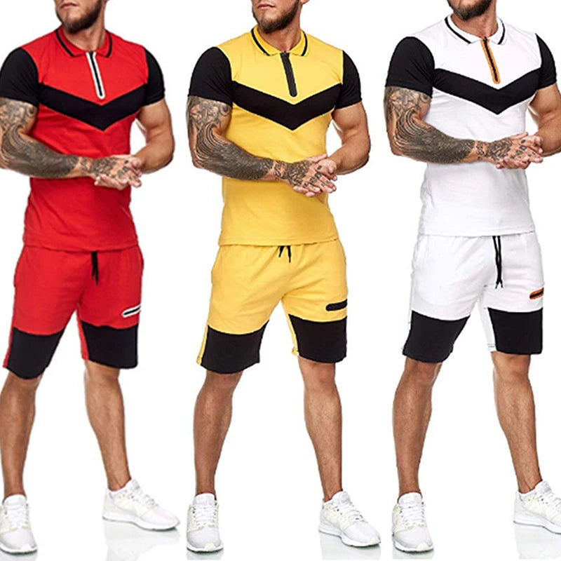 New Style Summer Men's Colorblocking Sportswear Two-piece Striped Plus Size Tshirt and Beach Shorts Set Casual Sport Shorts Set