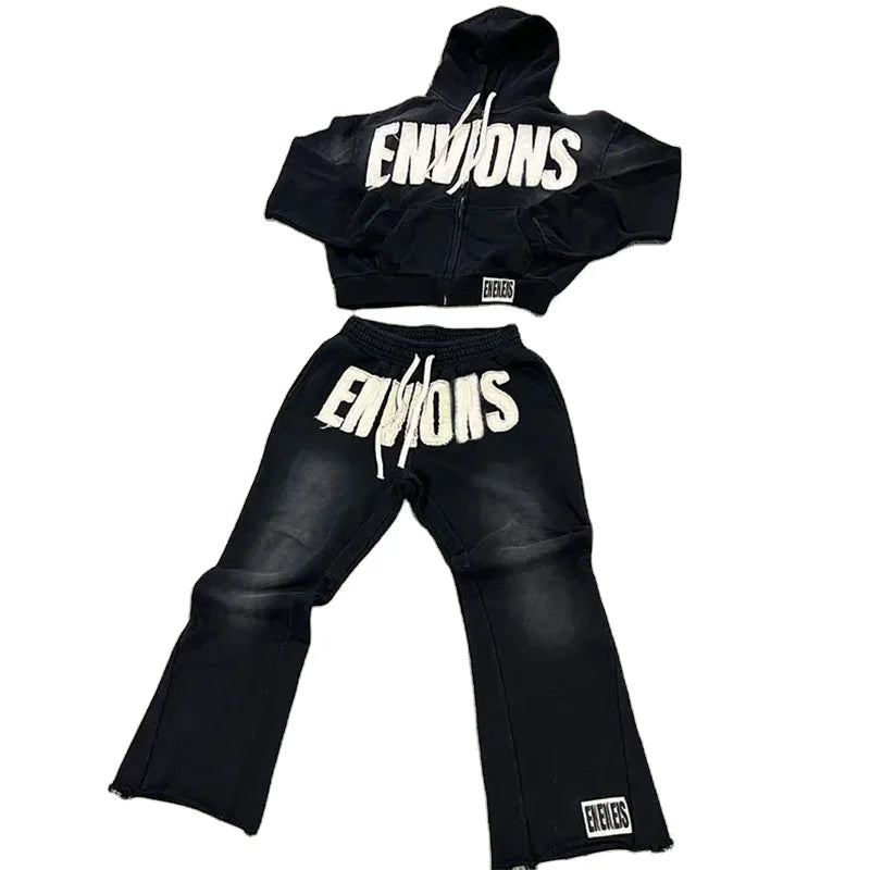 Custom Distressed Embroidery Zip up Hoodie and Sweatpants Set Mens Manufacturer Tracksuit Sun Faded Acid Wash Sweatsuit