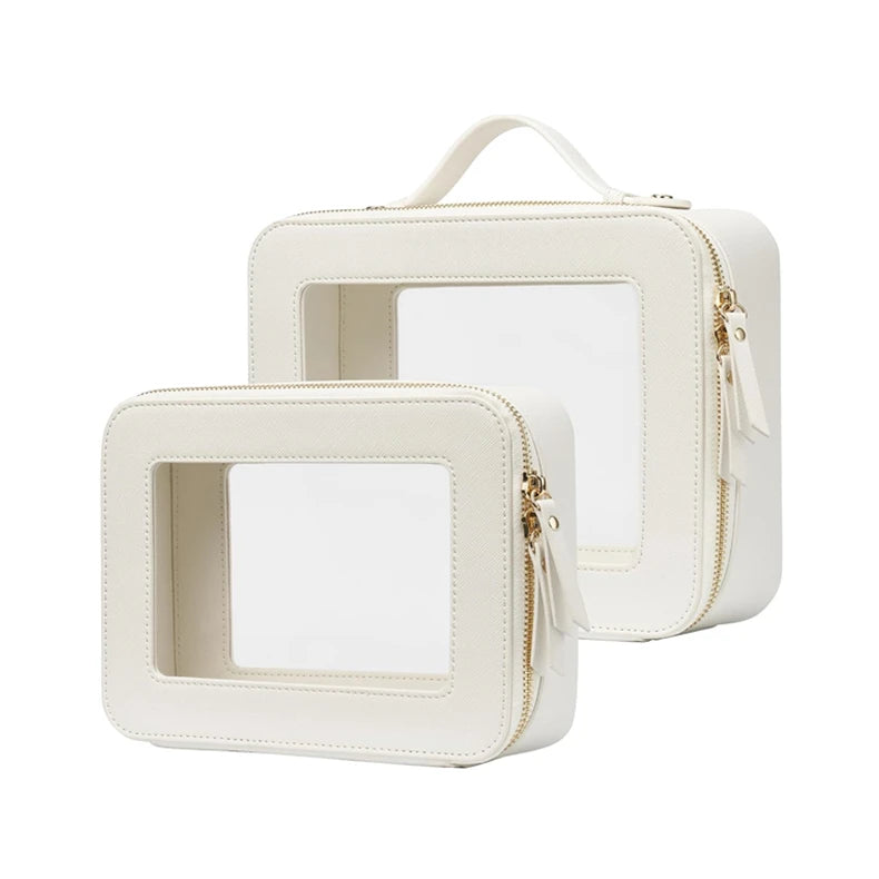 Luxury Customized Logo Letter Professional Pouch Zipper Cases for Toiletry Travel Reusable Large Clear PVC PU Leather Cosmetic