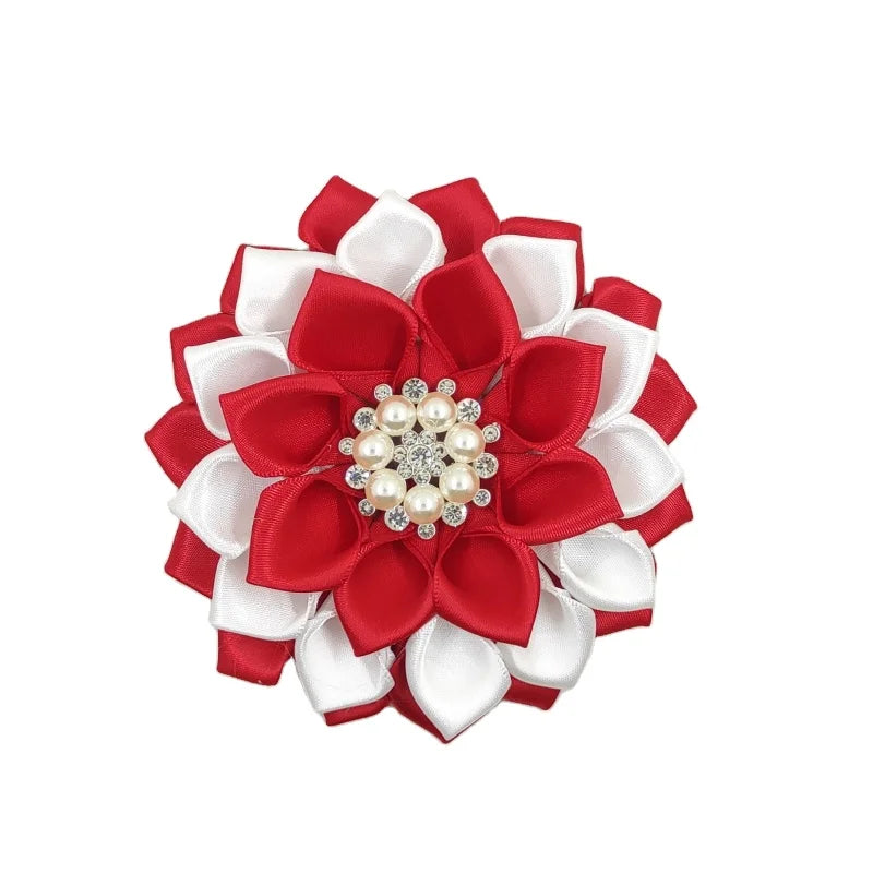10 cm 4 Inch Polyester Satin Ribbon Handmade Petal Flower Corsage Brooch Pins for Wedding Engagement Gift Party