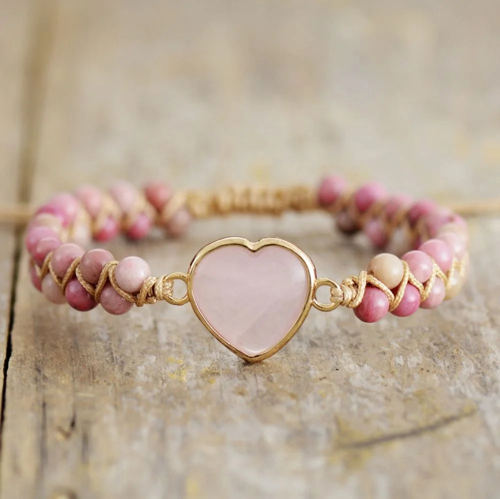 Genuine Natural Pink Heart Gemstone Bracelet with Bohemian Charms Gold Plated Wristband for Anniversary Jewelry Making Supplies
