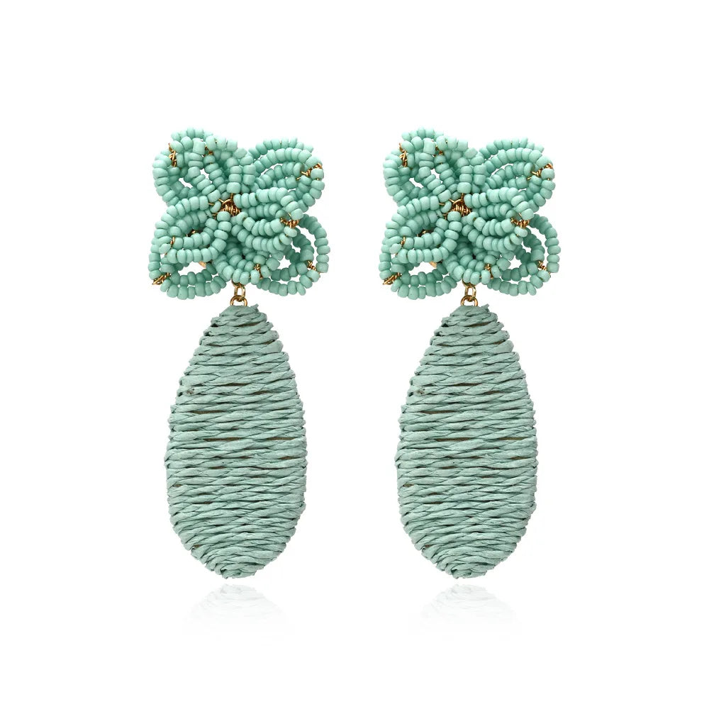 2020 New Personalized Light Green Hand-woven Flower Shape w Bead Earrings Exaggerated Retro Female Earrings