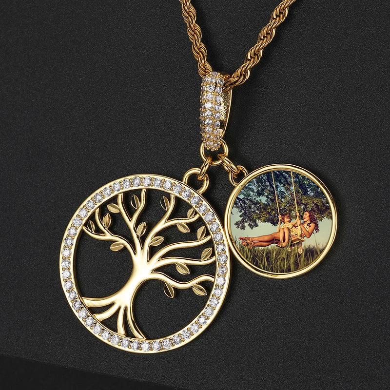 Hot Hiphop Jewelry 18K Gold Plated Brass 5A Zircon Icedout Tree of Life Memory Photo Pendant for Men Women