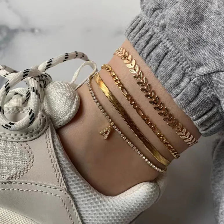 High End 18K PVD Gold Plated Zirconia Snake Chain Figaro Chain Stainless Steel Anklet