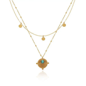 Fenny 18K Gold Plated No Fade Fashion Bohemian Double Layer Clavicle Chain Turquoise Pendant Stainless Steel Necklace for Women