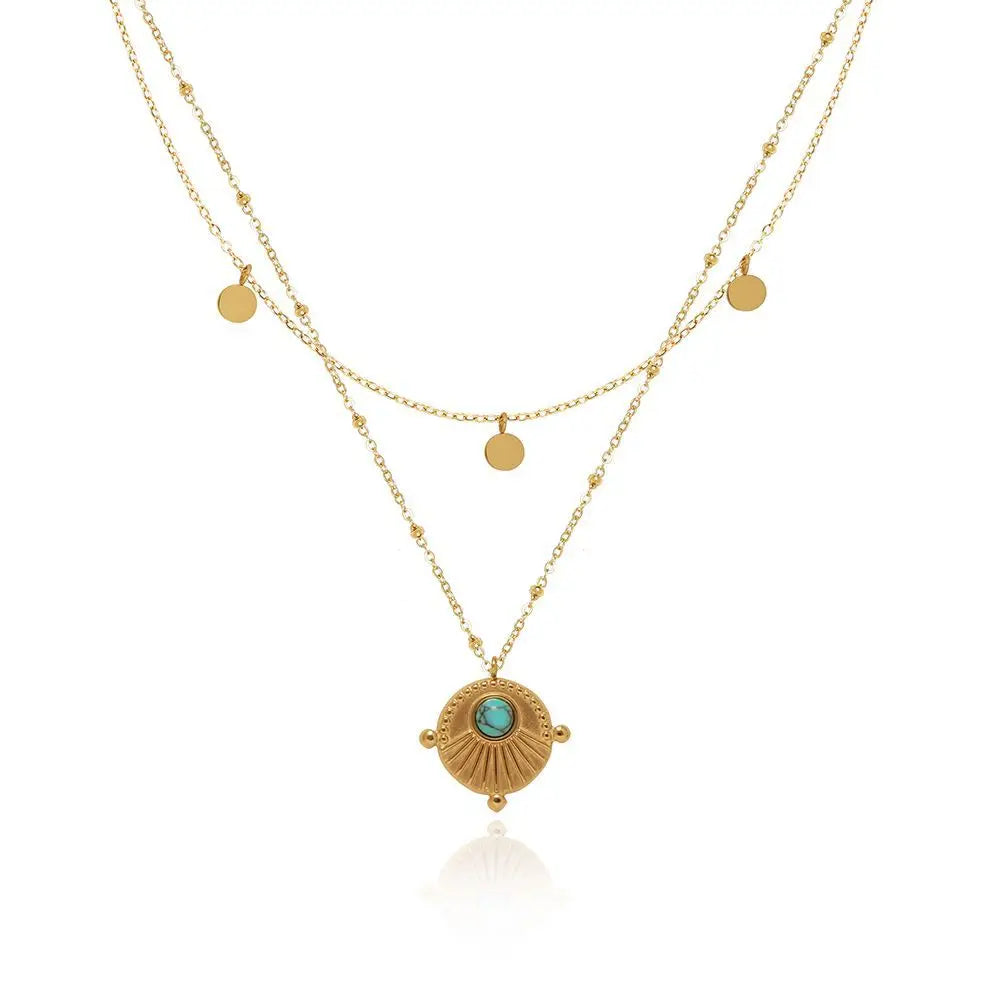 Fenny 18K Gold Plated No Fade Fashion Bohemian Double Layer Clavicle Chain Turquoise Pendant Stainless Steel Necklace for Women
