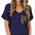 Women's V-Neck Rolled Sleeve Soft Breathable T-shirt with Leopard Print Pocket Loose Fit Multi-color Casual Tee Top for Summer