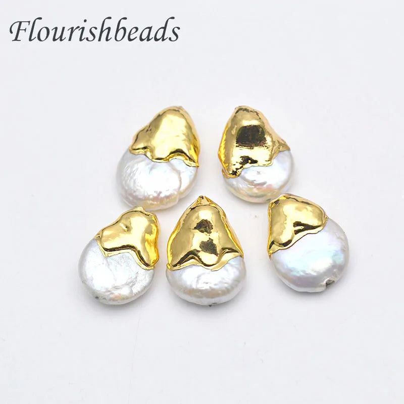 New Design Natural Freshwater Pearls Gold Plated Flat Drop Shape Loose Pearl Beads Necklace Earring Making