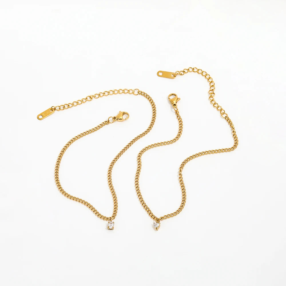 Dainty 18k Pvd Gold Plated Tarnish Free Waterproof Heart Round Rectangle Zirconia Stainless Steel Anklet