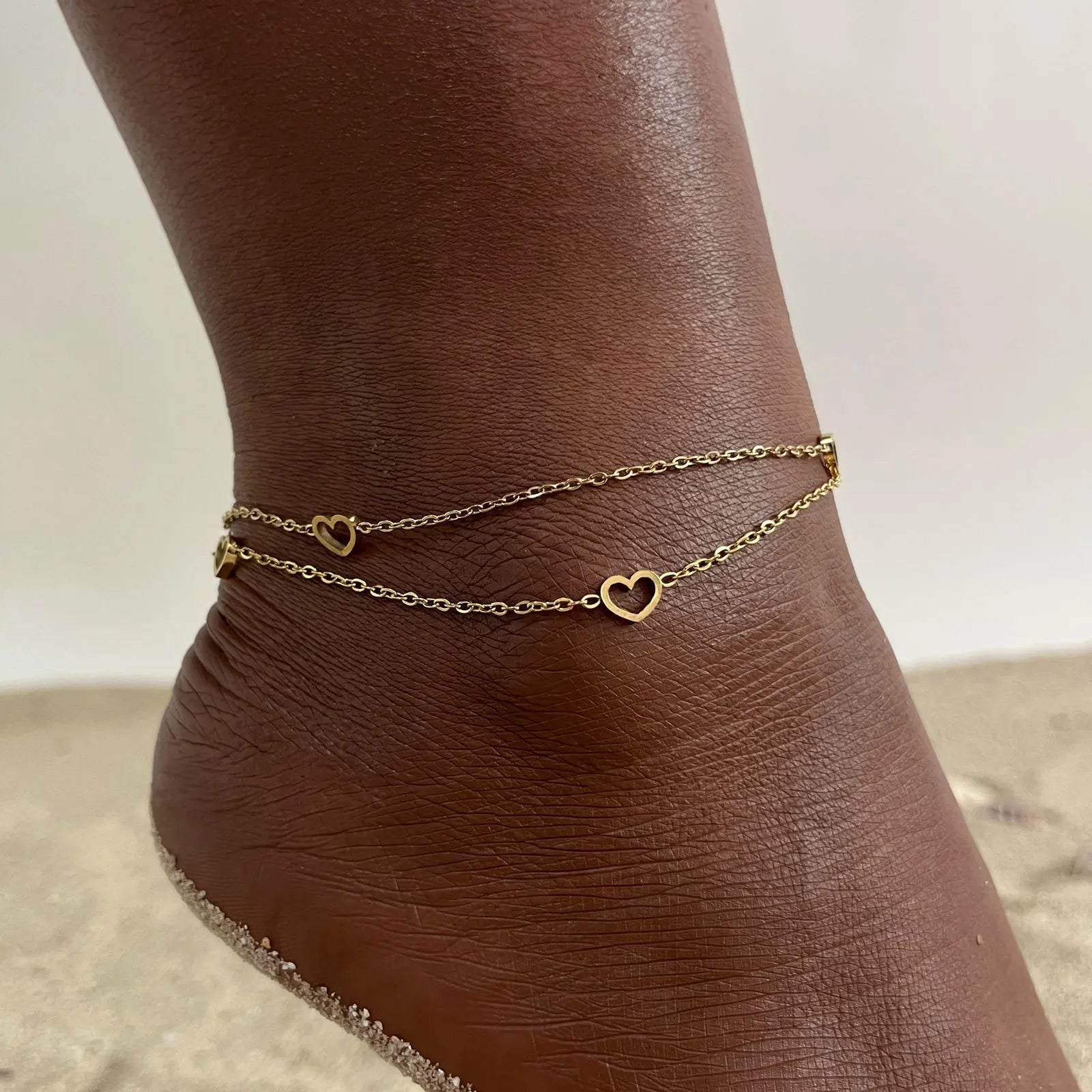 Fenny Jewelry 18K PVD Gold Plated Double Hollow Heart Crescent Star Pendant Snake Chain Stainless Steel Anklet Trendy for Women