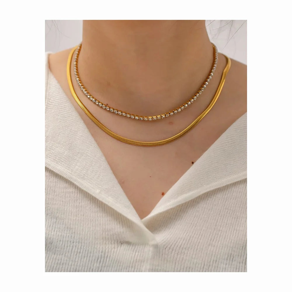 Wholesale Double Layer Zircons Tennis Necklace 18k Gold Plated Waterproof Stainless Steel Flat Snake Chain Choker Necklace
