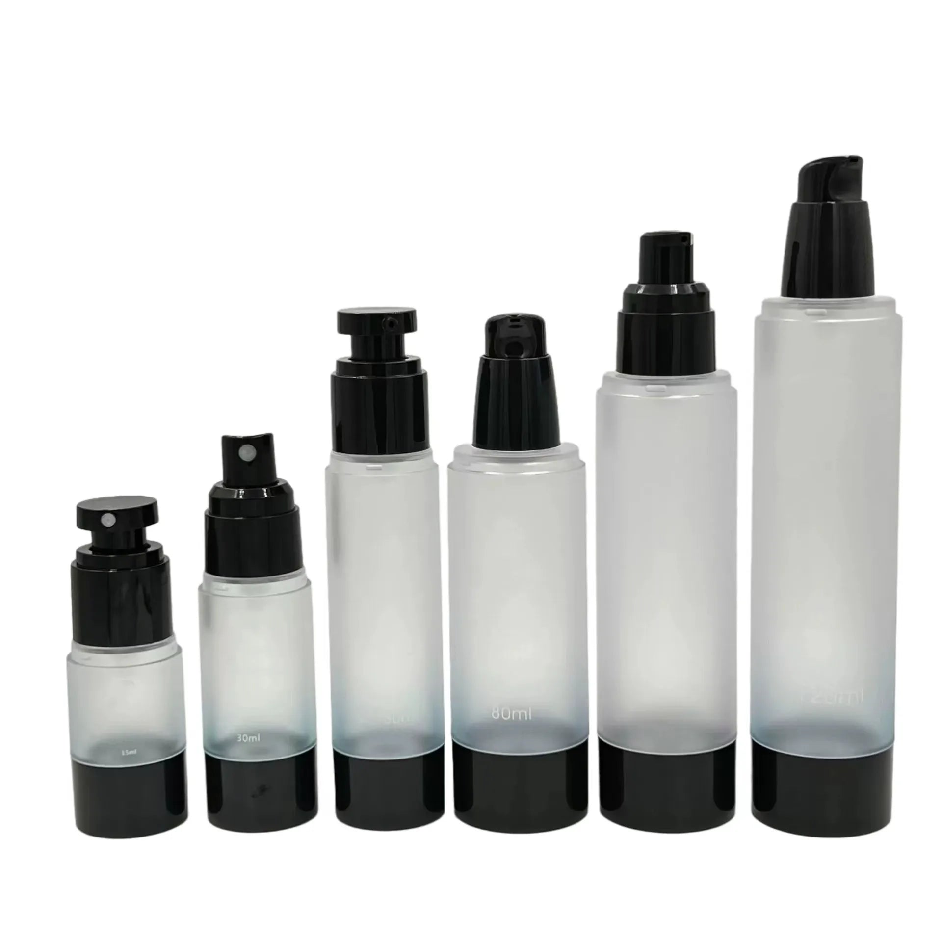 New Model Low MOQ Airless Pump Lotion Bottle 15ml-120ml Plastic Cosmetic Packaging in White Black Frosted Colors for Wigs