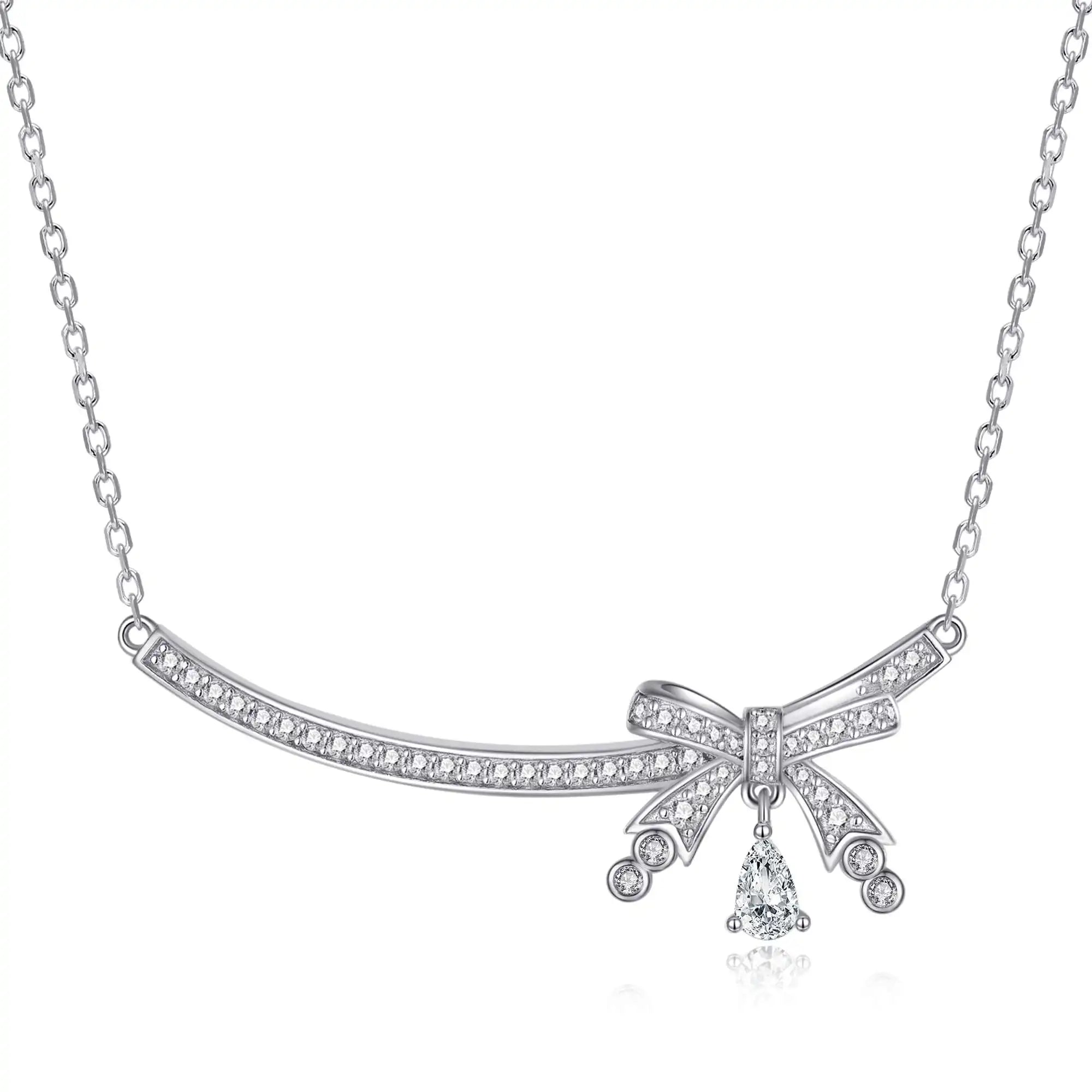 Wholesale Fashion Necklace Fine Jewelry 925 Sterling Silver Zircon Bowknot Pendant Necklace