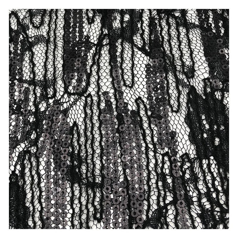 New Design Fancy Sequence Tulle Mesh Lace Fabric Black Lace Allover Wildflower Tulle Embroidered Fabric With Sequin
