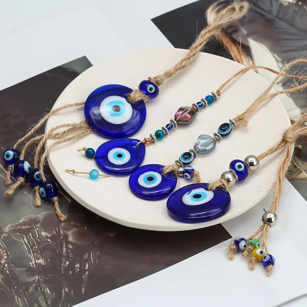 Turkish Blue Evil Eye Ornament Handmade Jute Rope Pendant Art Deco Style Good Luck Glass Gift for Home Decorative Hanging