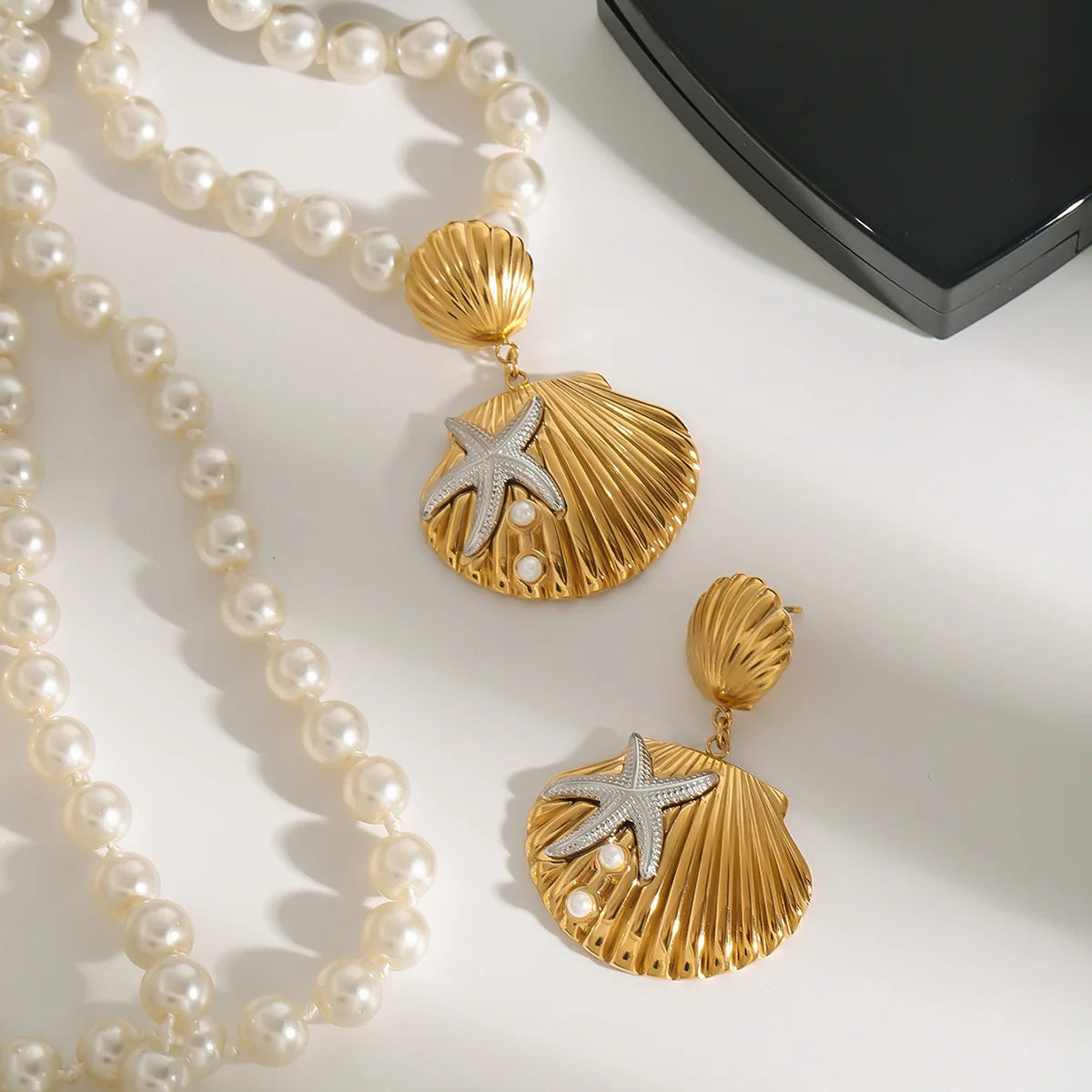 New Fashion 18K Gold Plated Women's Stainless Steel Earring Stud Waterproof Ocean Shell Pearl Elegant Jewelry Earrings