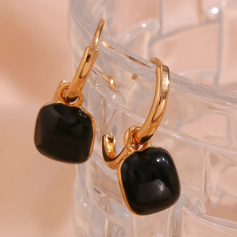 Dreamshow Double Enamel Black Square Drop Earring 18k Gold Plated Stainless Steel Earrings for Women Jewelry