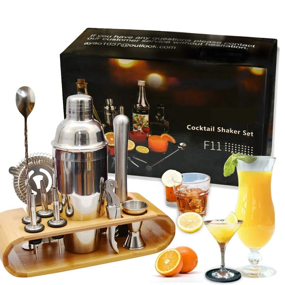 750ml Stainless Steel Shaker with Stand Home Bar Cocktail Making Set Custom Logo Bartender Tool Set with Cocktail Picks